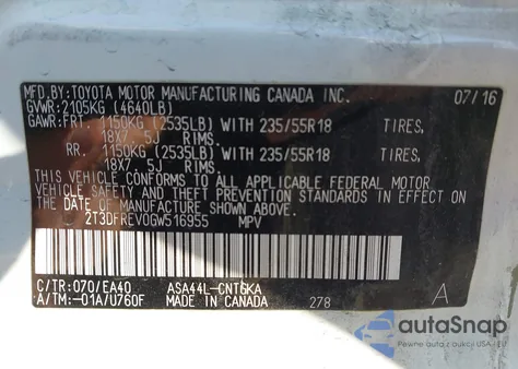 2016 Toyota Rav4 Limited из США, поврежденный, VIN 2T3DFREV0GW516955